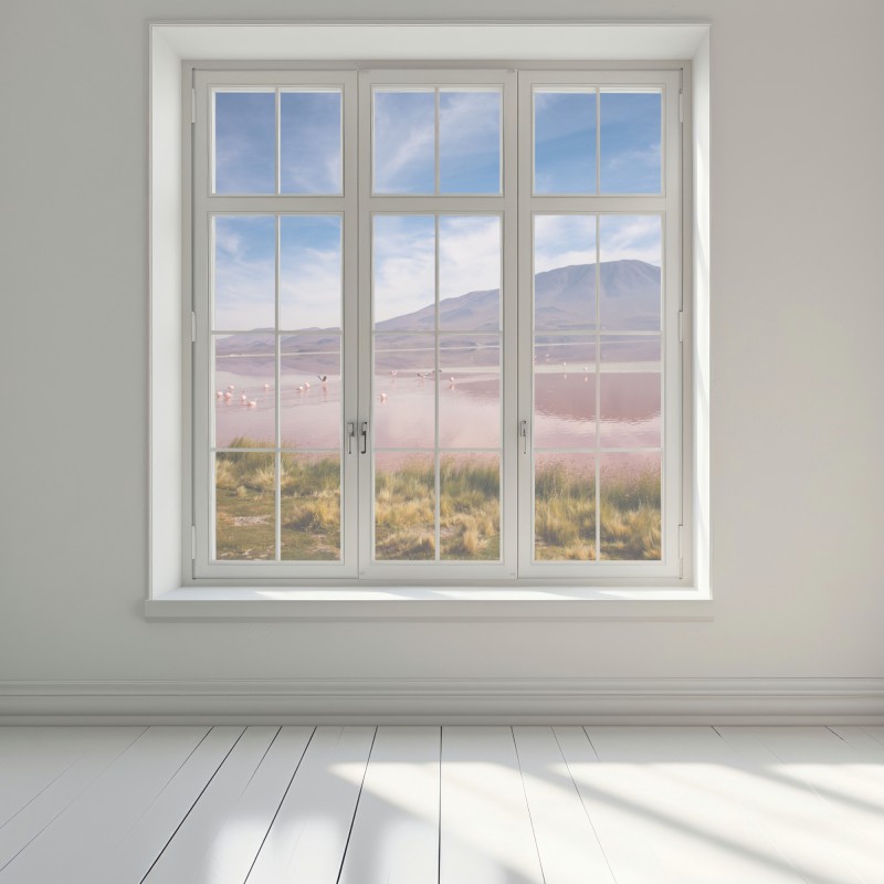 Naklejka na okno różowa laguna z flamingami i odbiciem gór – Wallissimo® Naklejka na okno różowa laguna z flamingami i odbiciem gór – Wallissimo®