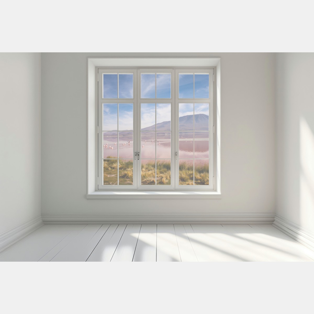 Naklejka na okno różowa laguna z flamingami i odbiciem gór – Wallissimo® Naklejka na okno różowa laguna z flamingami i odbiciem gór – Wallissimo®