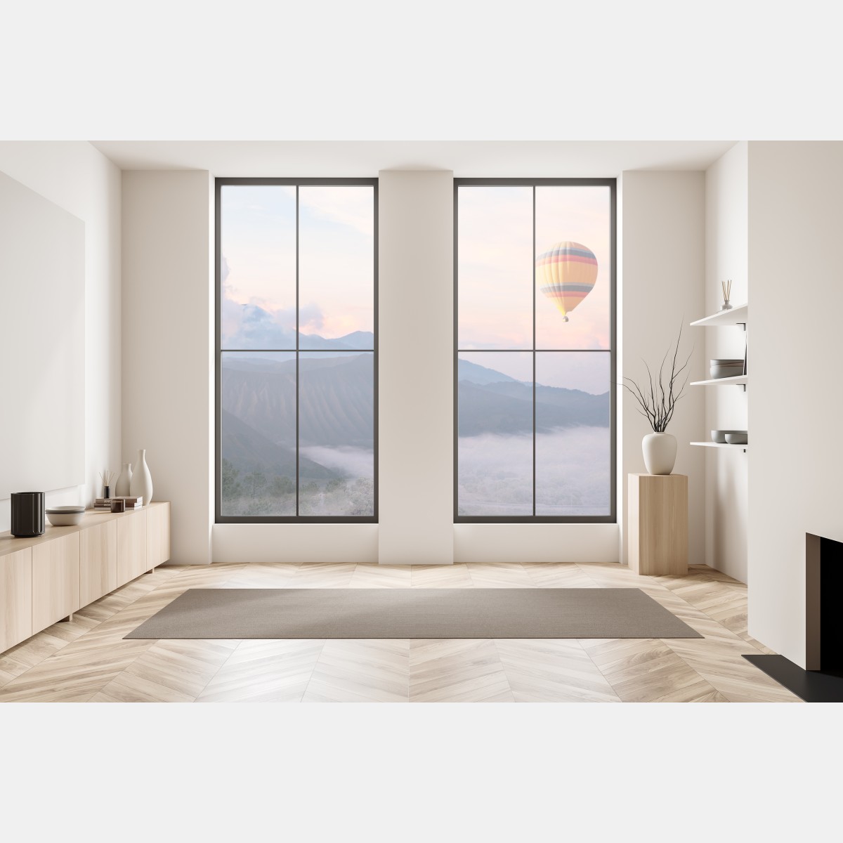 Naklejka na okno balon nad mglistymi górami – Wallissimo® Naklejka na okno balon nad mglistymi górami – Wallissimo®