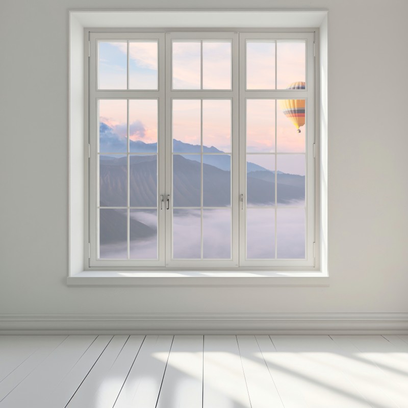 Naklejka na okno balon nad mglistymi górami – Wallissimo® Naklejka na okno balon nad mglistymi górami – Wallissimo®