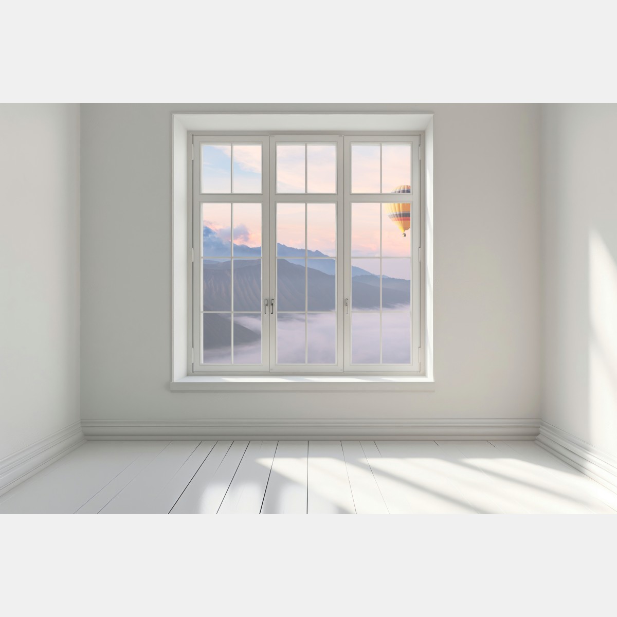 Naklejka na okno balon nad mglistymi górami – Wallissimo® Naklejka na okno balon nad mglistymi górami – Wallissimo®