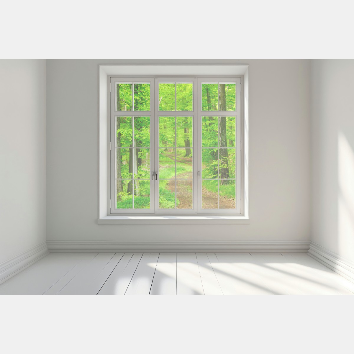 Naklejka na okno spokojna leśna ścieżka wiosną – Wallissimo® Naklejka na okno spokojna leśna ścieżka wiosną – Wallissimo®