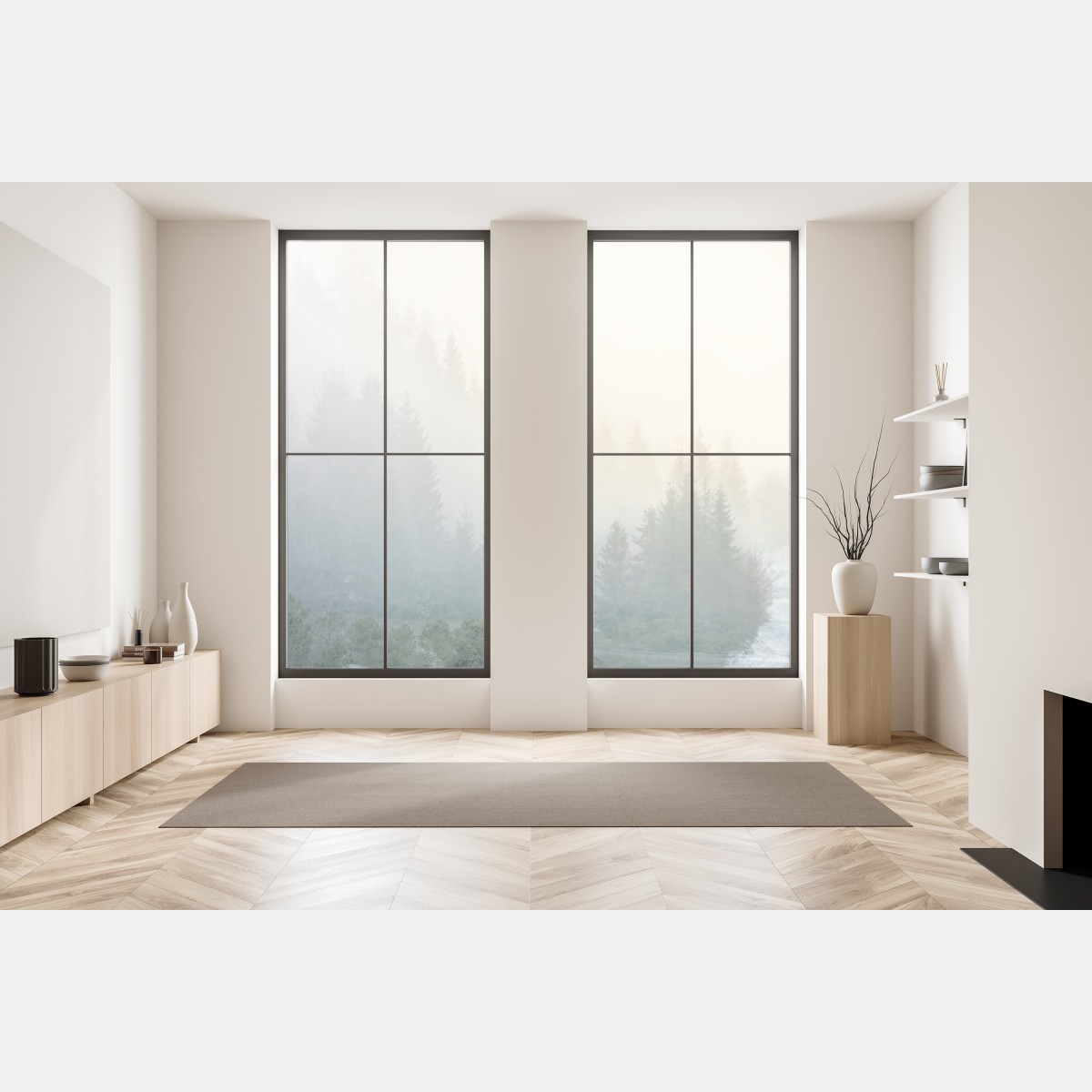 Naklejka na okno mglisty las świerkowy o wschodzie słońca – Wallissimo® Naklejka na okno mglisty las świerkowy o wschodzie słońca – Wallissimo®