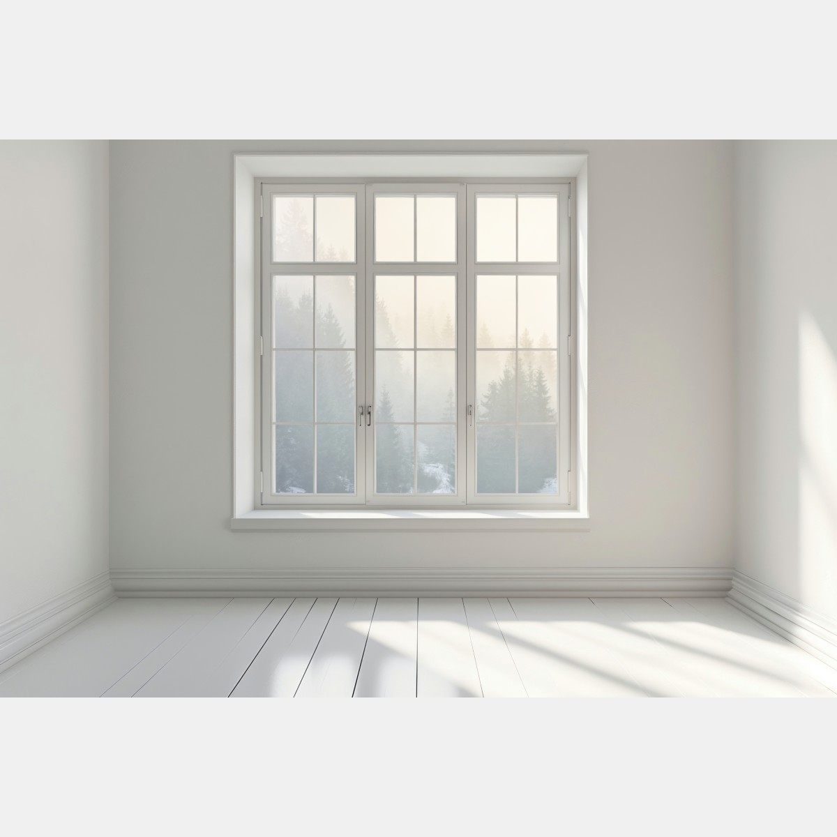 Naklejka na okno mglisty las świerkowy o wschodzie słońca – Wallissimo® Naklejka na okno mglisty las świerkowy o wschodzie słońca – Wallissimo®