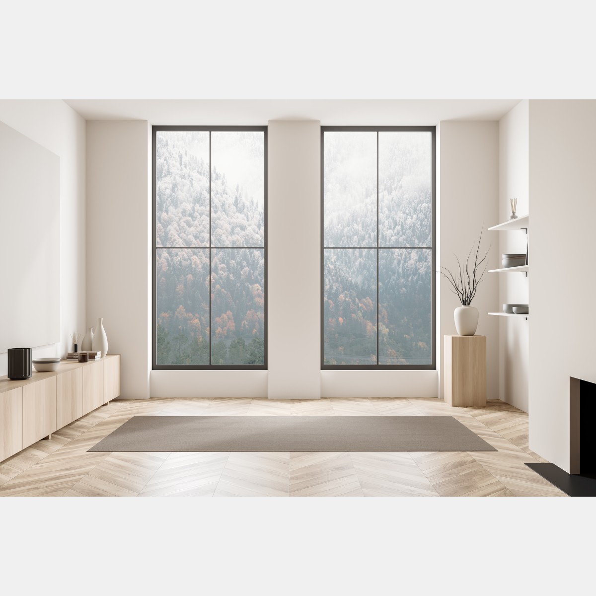 Naklejka na okno mglisty jesienny las na śnieżnej górze – Wallissimo® Naklejka na okno mglisty jesienny las na śnieżnej górze – Wallissimo®