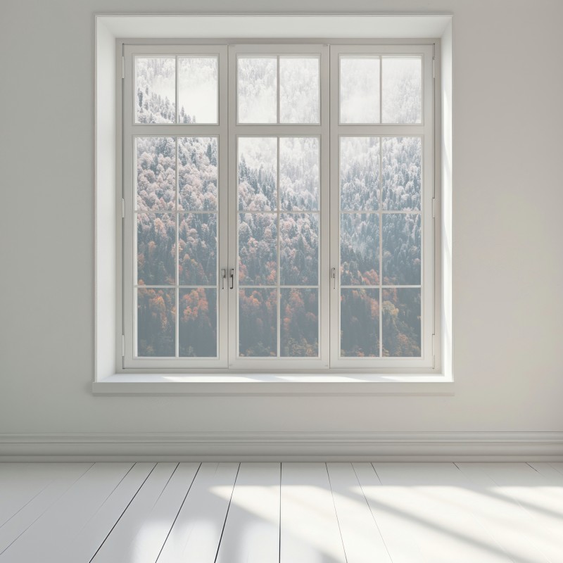 Naklejka na okno mglisty jesienny las na śnieżnej górze – Wallissimo® Naklejka na okno mglisty jesienny las na śnieżnej górze – Wallissimo®
