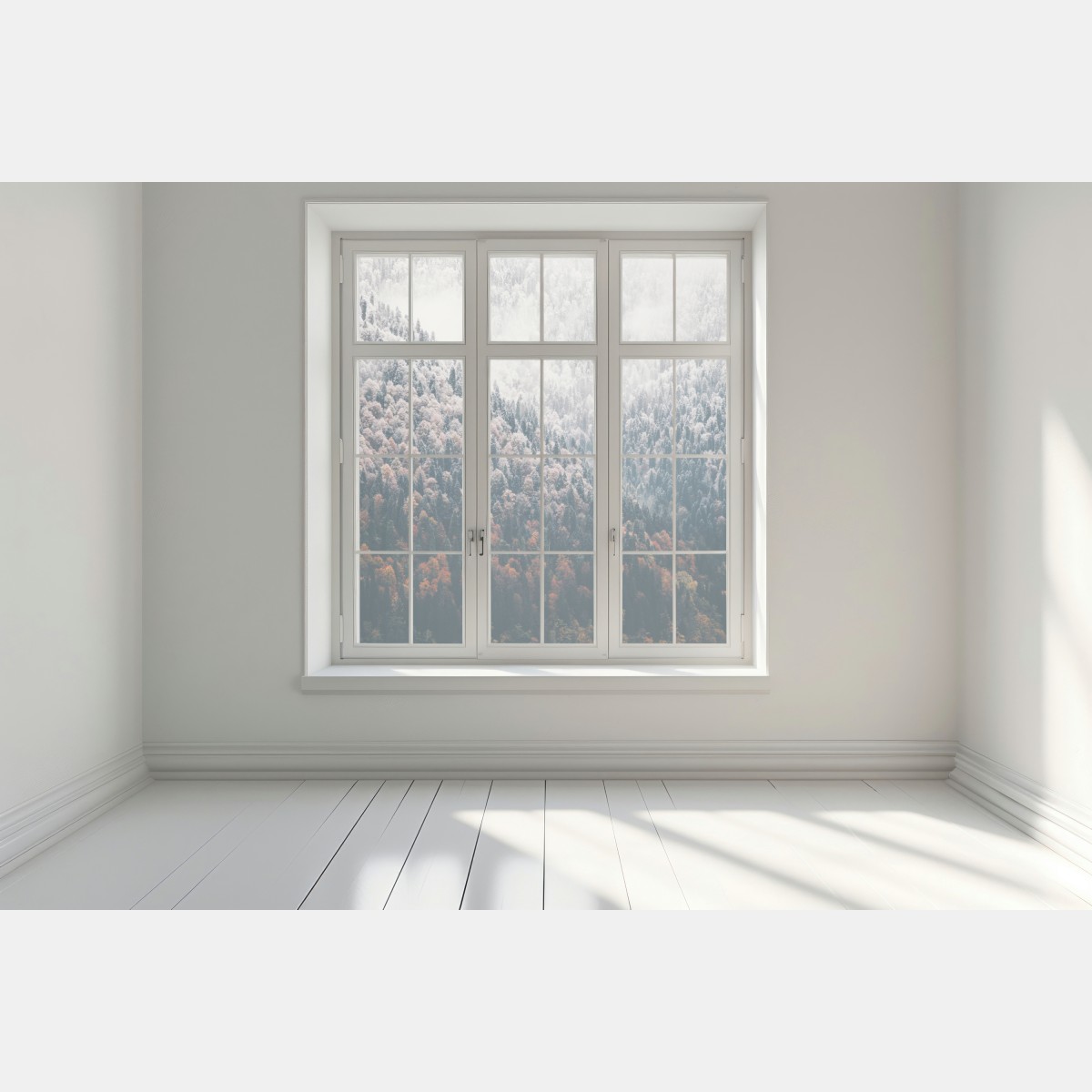 Naklejka na okno mglisty jesienny las na śnieżnej górze – Wallissimo® Naklejka na okno mglisty jesienny las na śnieżnej górze – Wallissimo®