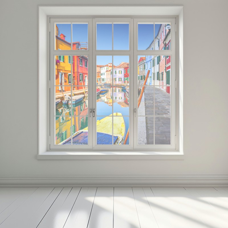 Naklejka na okno kolorowe domy nad kanałem w Burano – Wallissimo® Naklejka na okno kolorowe domy nad kanałem w Burano – Wallissimo®