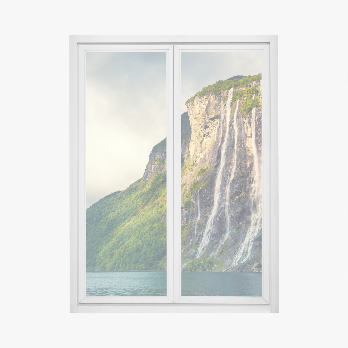 Window decal waterfalls cascading down fjord cliffs