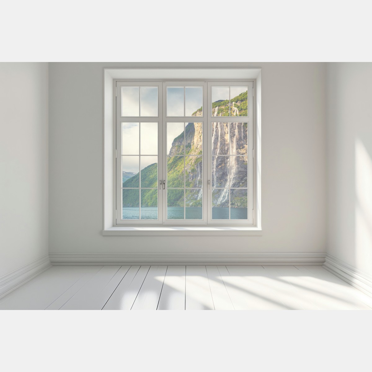 Naklejka na okno wodospady spływające po klifach fiordu – Wallissimo® Naklejka na okno wodospady spływające po klifach fiordu – Wallissimo®