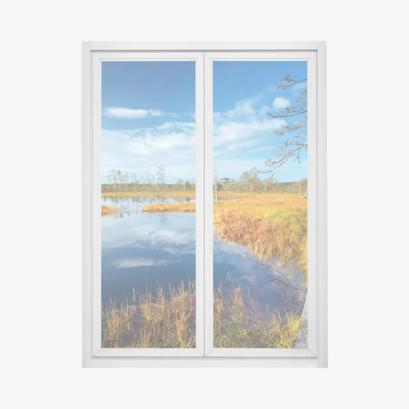 Naklejka na okno jesienna kładka nad spokojnym torfowiskiem