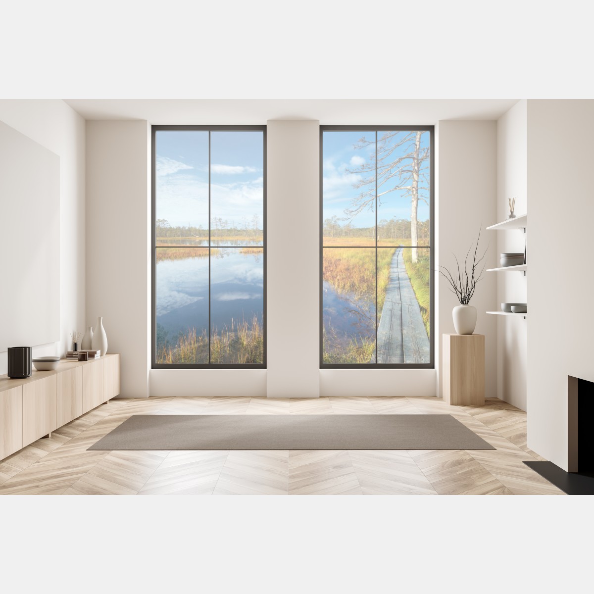 Naklejka na okno jesienna kładka nad spokojnym torfowiskiem – Wallissimo® Naklejka na okno jesienna kładka nad spokojnym torfowiskiem – Wallissimo®