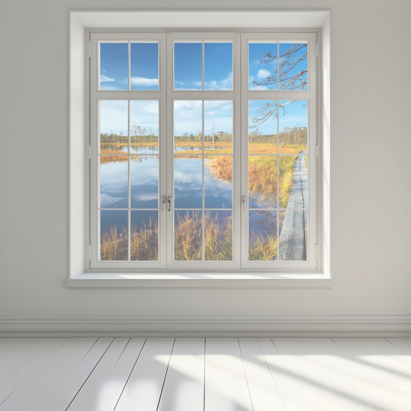 Naklejka na okno jesienna kładka nad spokojnym torfowiskiem – Wallissimo® Naklejka na okno jesienna kładka nad spokojnym torfowiskiem – Wallissimo®