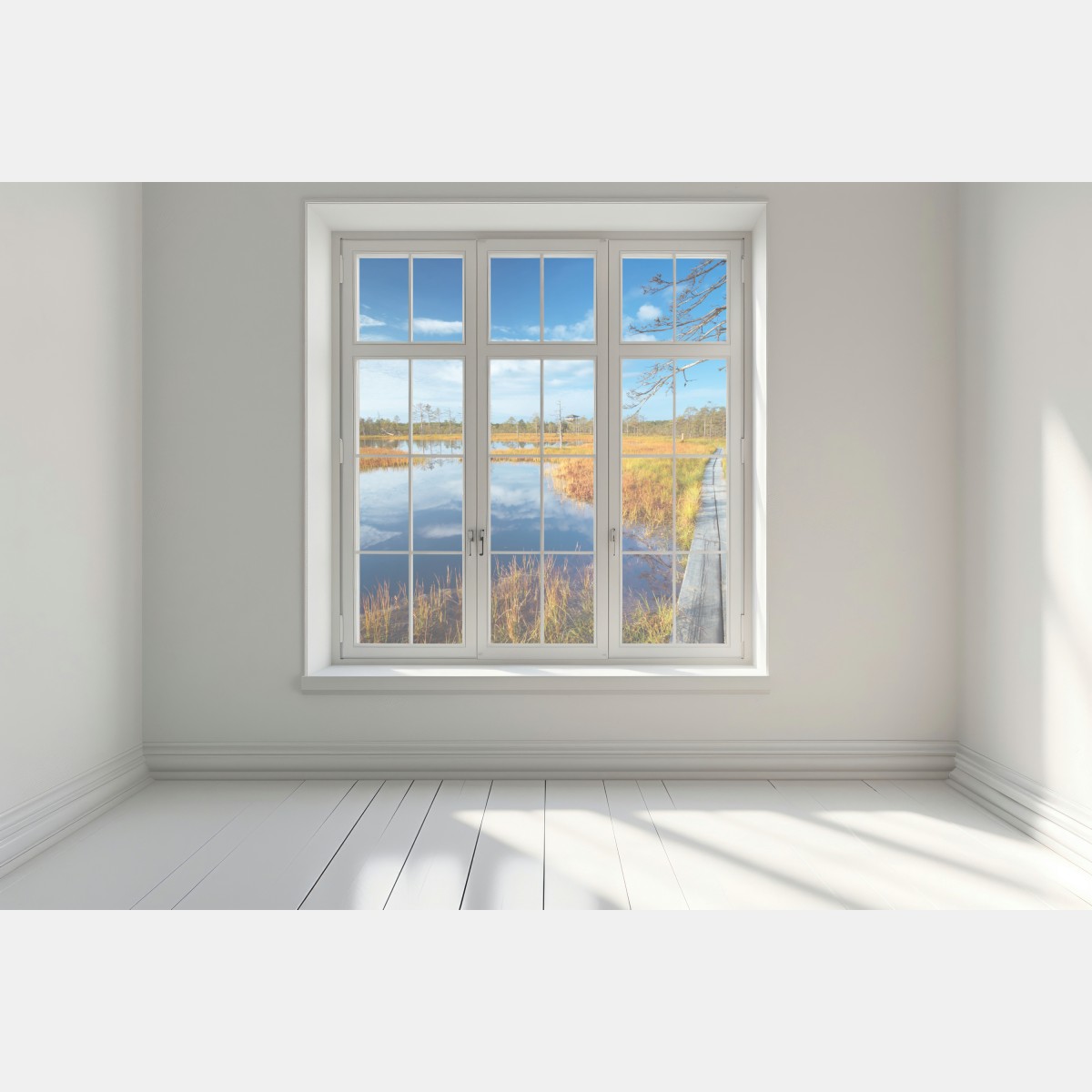 Naklejka na okno jesienna kładka nad spokojnym torfowiskiem – Wallissimo® Naklejka na okno jesienna kładka nad spokojnym torfowiskiem – Wallissimo®