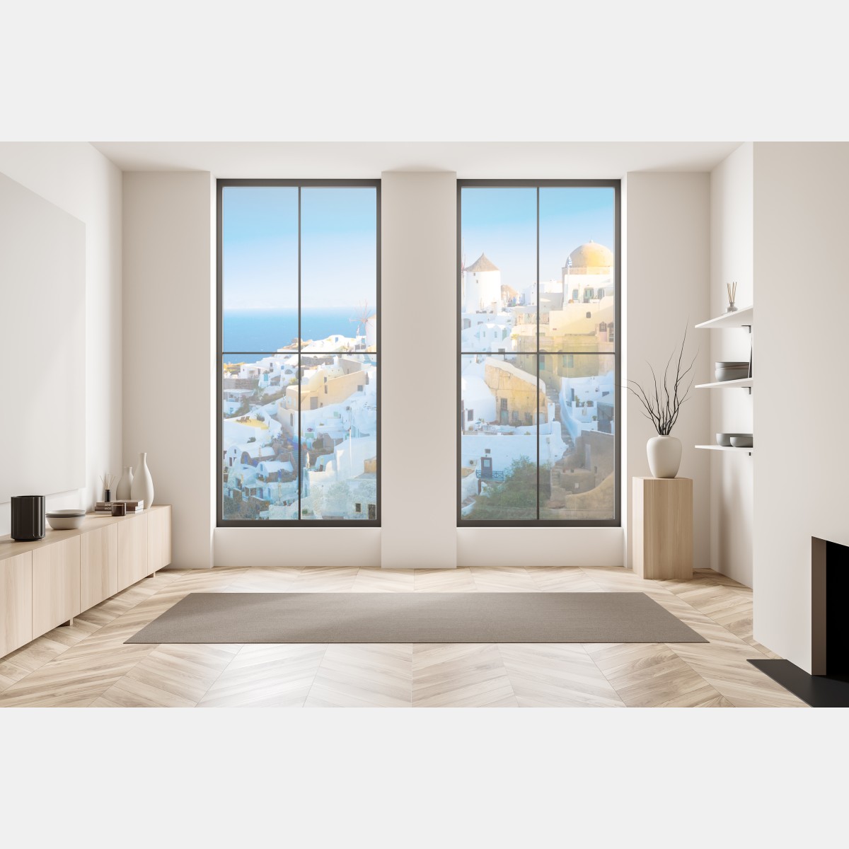 Naklejka na okno nasłonecznione miasteczko Santorini nad morzem – Wallissimo® Naklejka na okno nasłonecznione miasteczko Santorini nad morzem – Wallissimo®