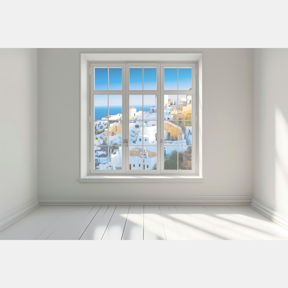 Naklejka na okno nasłonecznione miasteczko Santorini nad morzem – Wallissimo® Naklejka na okno nasłonecznione miasteczko Santorini nad morzem – Wallissimo®
