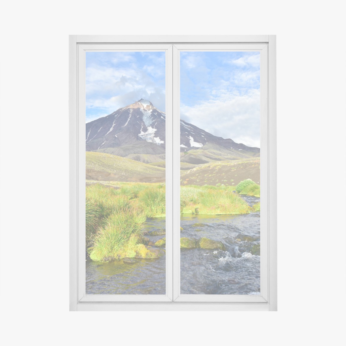Window decal view of Koryaksky volcano on northeast slope