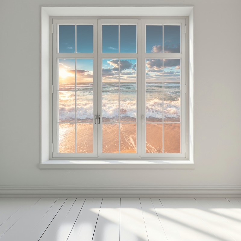 Naklejka na okno złoty wschód słońca nad brzegiem morza – Wallissimo® Naklejka na okno złoty wschód słońca nad brzegiem morza – Wallissimo®