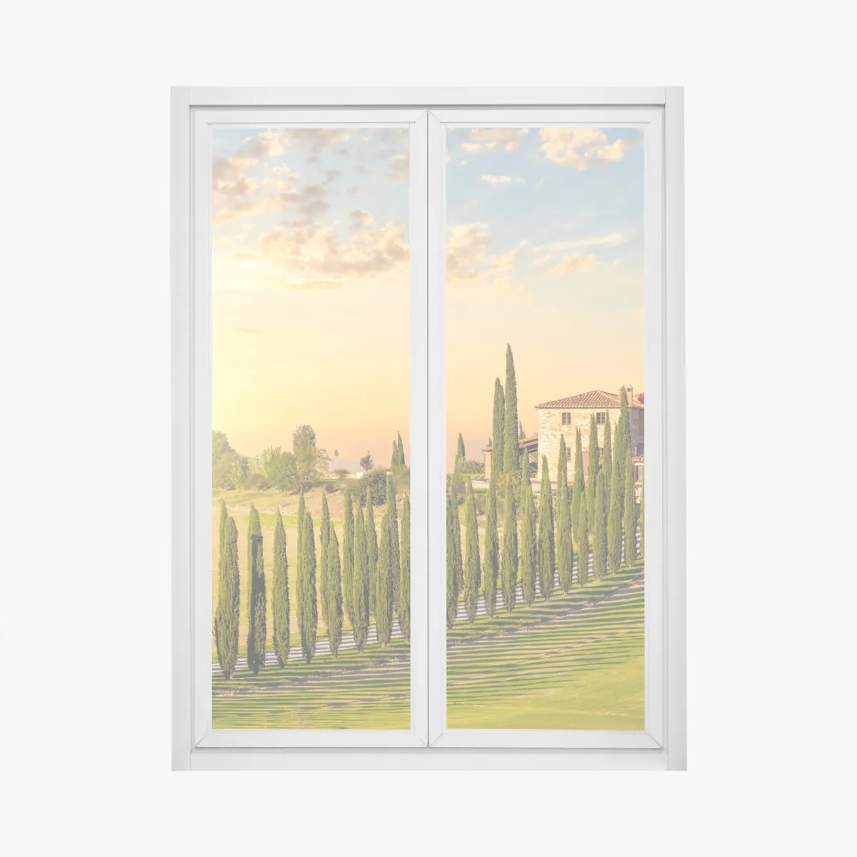 Naklejka na okno Toskania zachód słońca aleja cyprysów – Wallissimo® Naklejka na okno Toskania zachód słońca aleja cyprysów – Wallissimo®