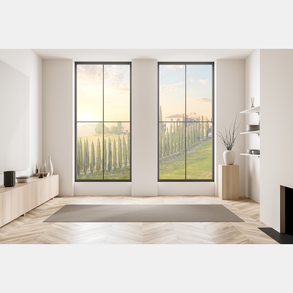 Naklejka na okno Toskania zachód słońca aleja cyprysów – Wallissimo® Naklejka na okno Toskania zachód słońca aleja cyprysów – Wallissimo®