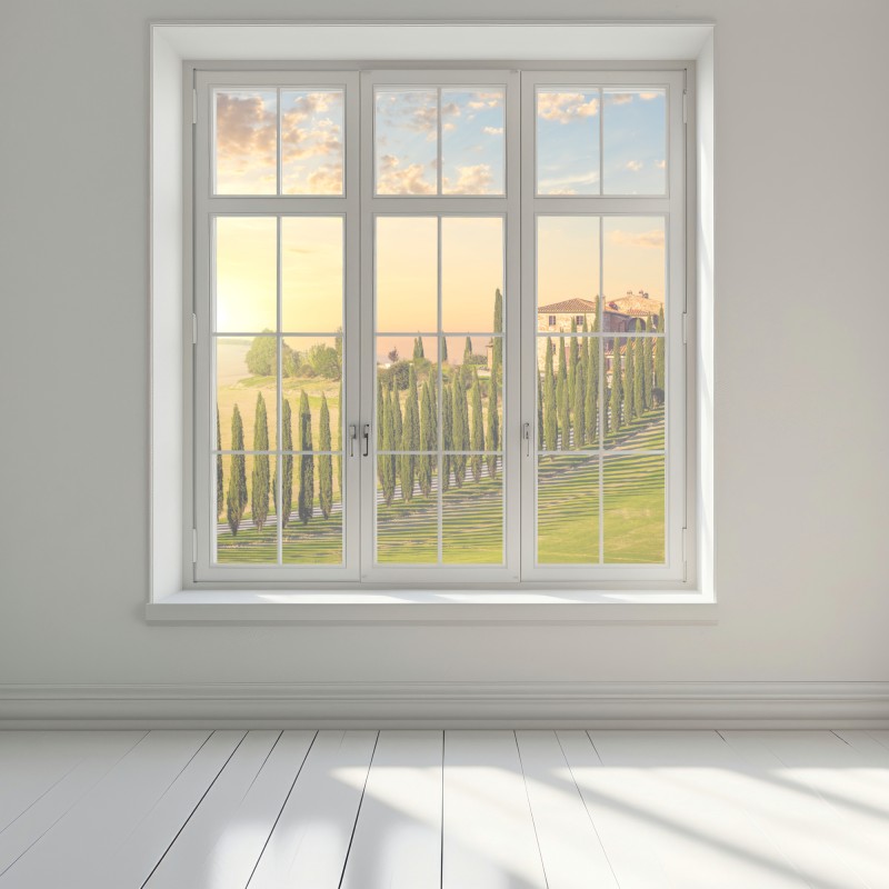 Naklejka na okno Toskania zachód słońca aleja cyprysów – Wallissimo® Naklejka na okno Toskania zachód słońca aleja cyprysów – Wallissimo®