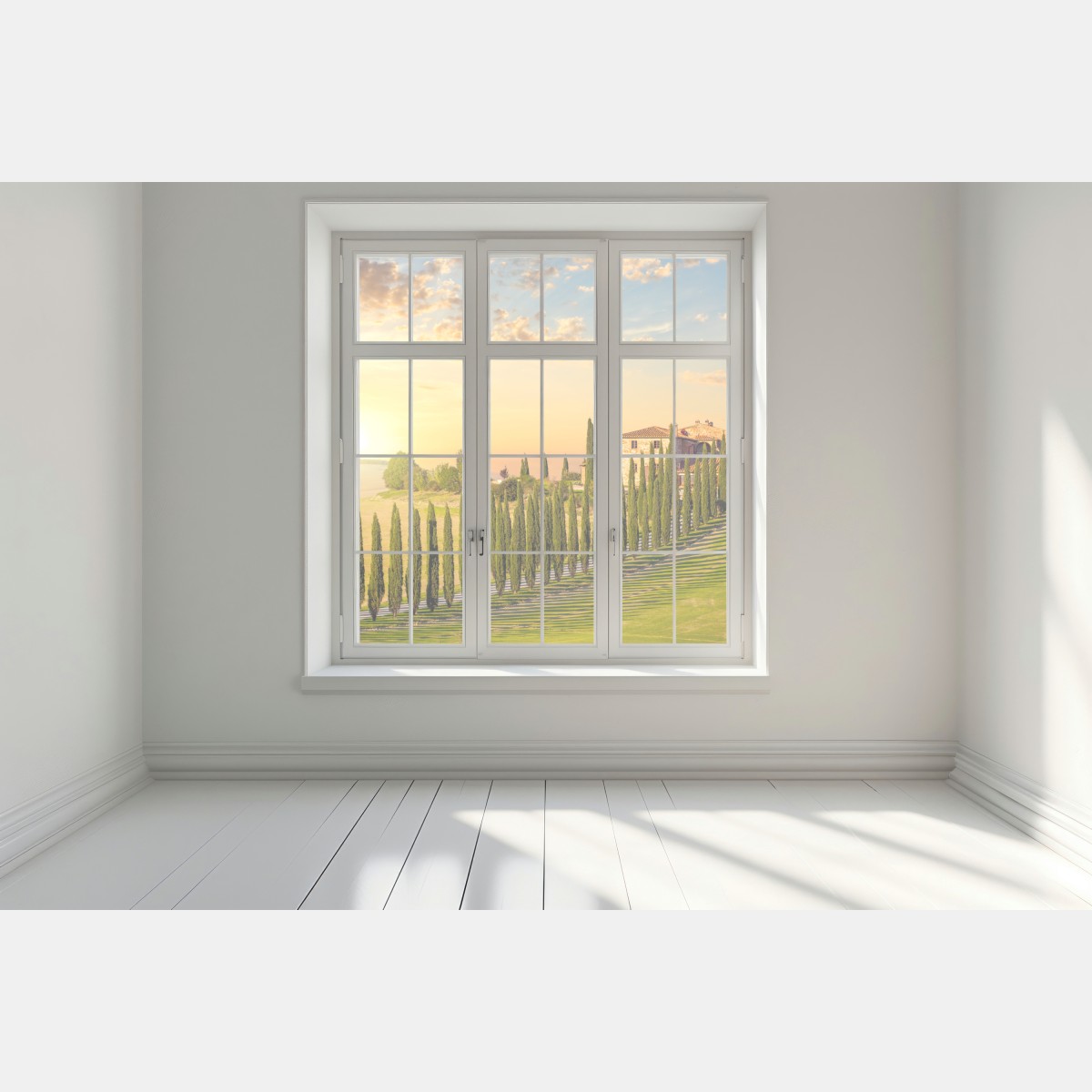 Naklejka na okno Toskania zachód słońca aleja cyprysów – Wallissimo® Naklejka na okno Toskania zachód słońca aleja cyprysów – Wallissimo®