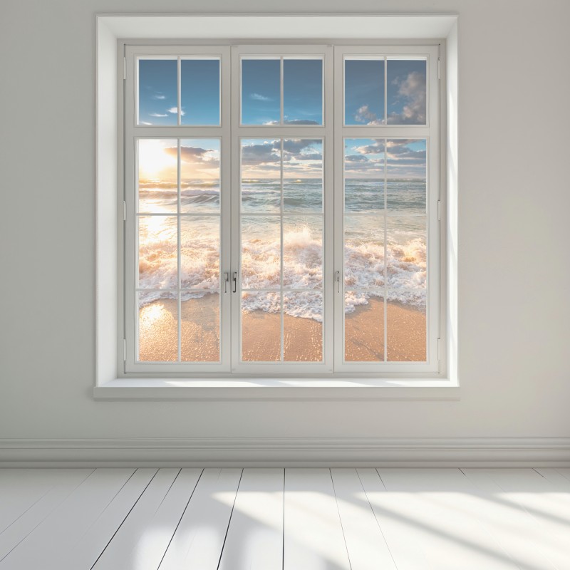 Naklejka na okno złoty wschód słońca nad morzem – Wallissimo® Naklejka na okno złoty wschód słońca nad morzem – Wallissimo®