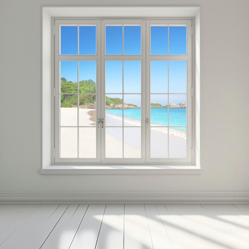 Naklejka na okno tropikalna plaża z białym piaskiem – Wallissimo® Naklejka na okno tropikalna plaża z białym piaskiem – Wallissimo®