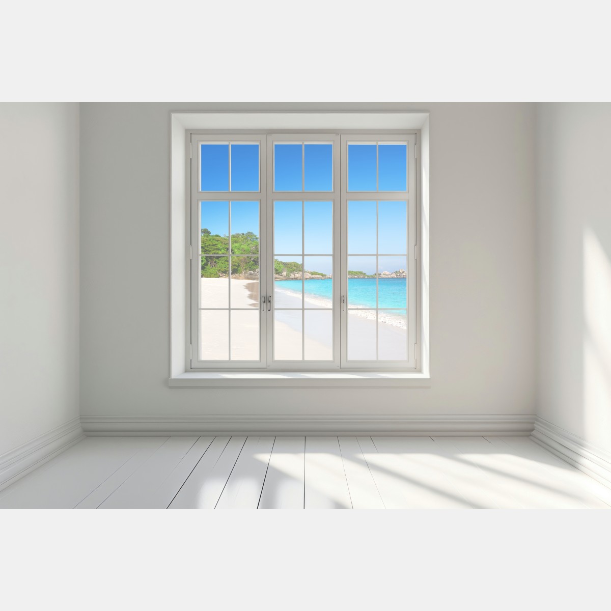 Naklejka na okno tropikalna plaża z białym piaskiem – Wallissimo® Naklejka na okno tropikalna plaża z białym piaskiem – Wallissimo®