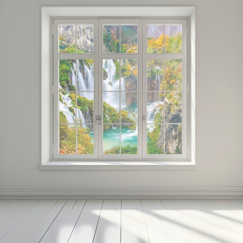 Naklejka na okno turkusowy wodospad jesienią – Wallissimo® Naklejka na okno turkusowy wodospad jesienią – Wallissimo®