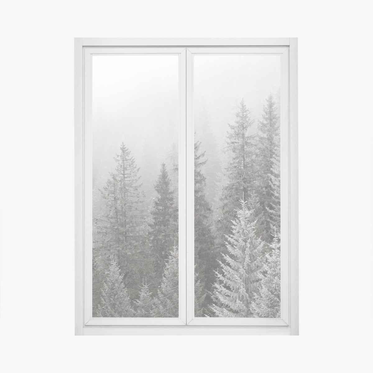 Window decal foggy winter forest in the Carpathians