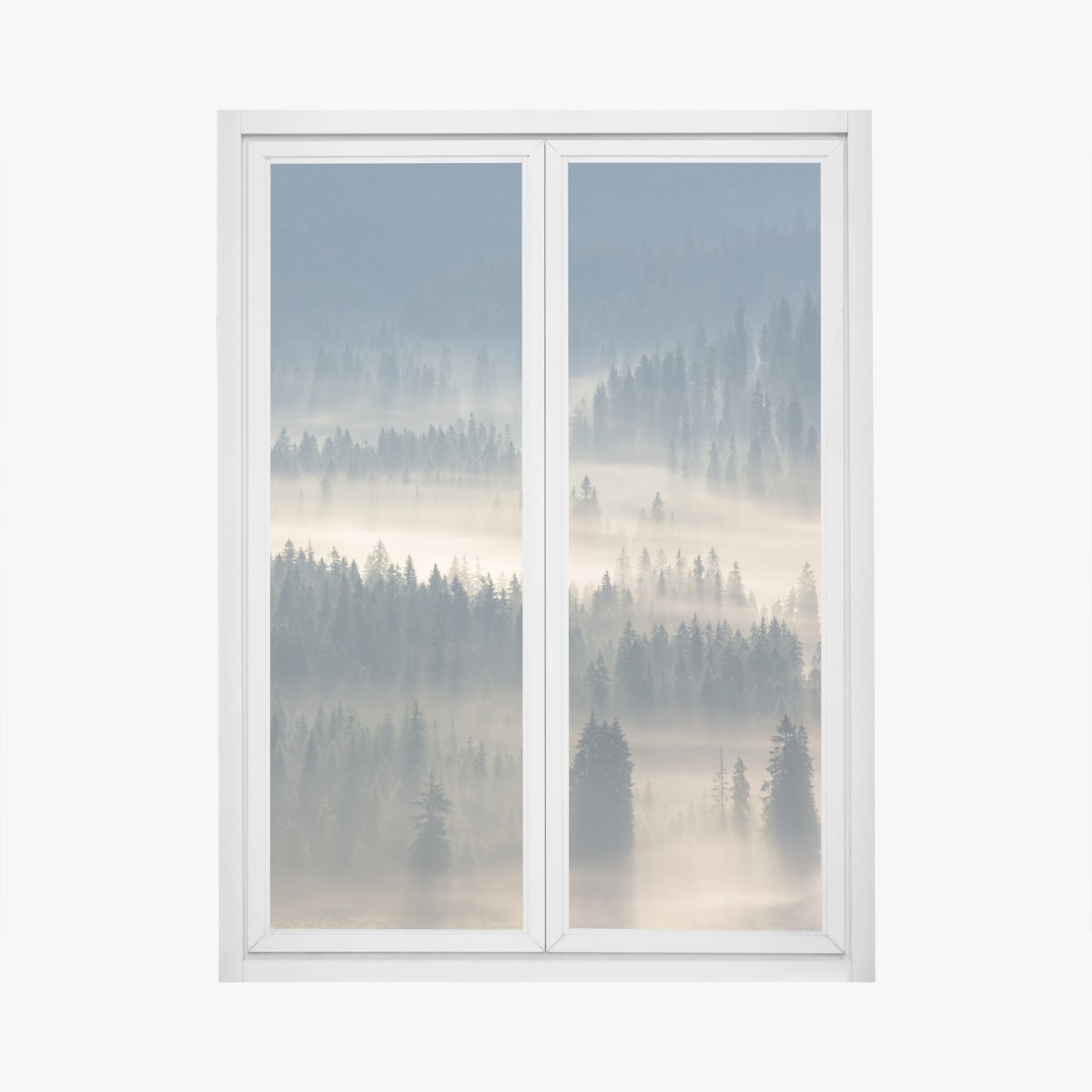 Window decal misty conifer forest at dawn