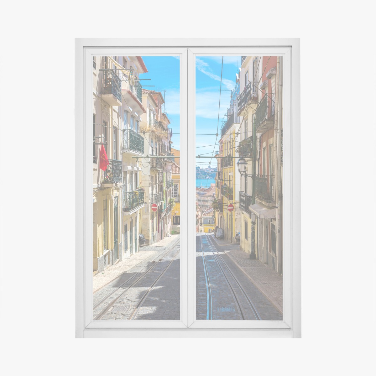 Window decal old Lisbon street on a summer day