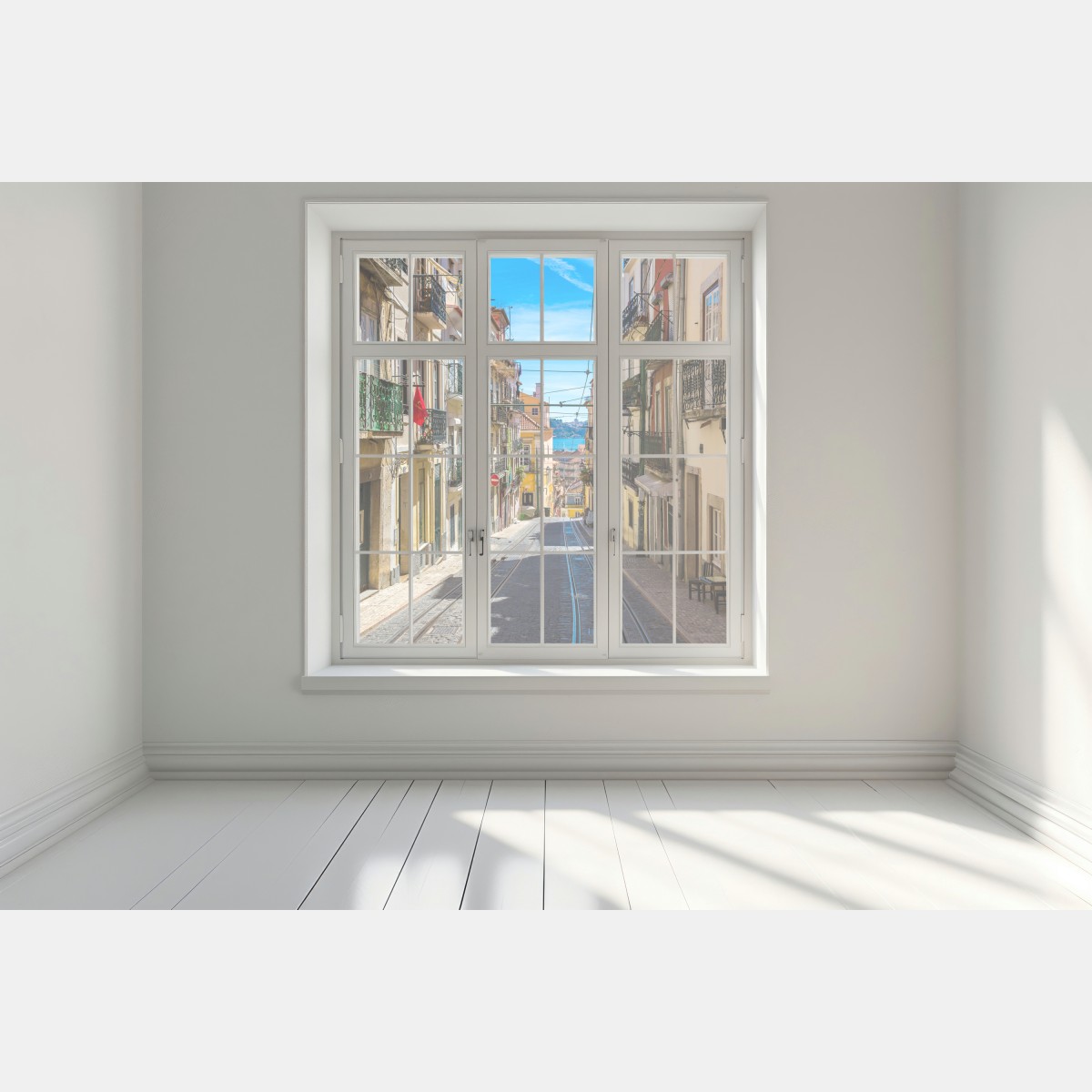 Naklejka na okno stara ulica w Lizbonie w słoneczny dzień – Wallissimo® Naklejka na okno stara ulica w Lizbonie w słoneczny dzień – Wallissimo®