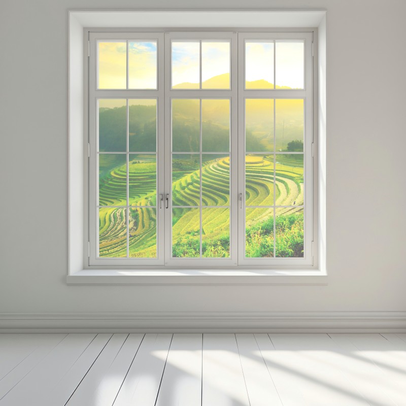 Naklejka na okno złote tarasy ryżowe o wschodzie słońca – Wallissimo® Naklejka na okno złote tarasy ryżowe o wschodzie słońca – Wallissimo®