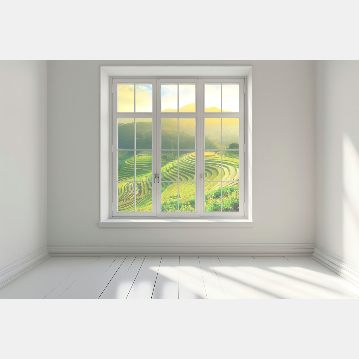 Naklejka na okno złote tarasy ryżowe o wschodzie słońca – Wallissimo® Naklejka na okno złote tarasy ryżowe o wschodzie słońca – Wallissimo®