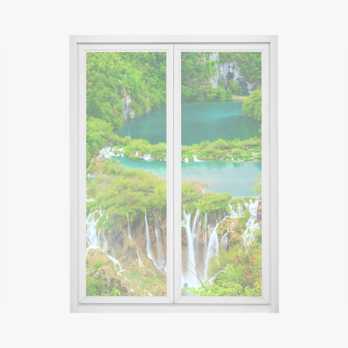 Window decal lush waterfall and turquoise lakes panorama