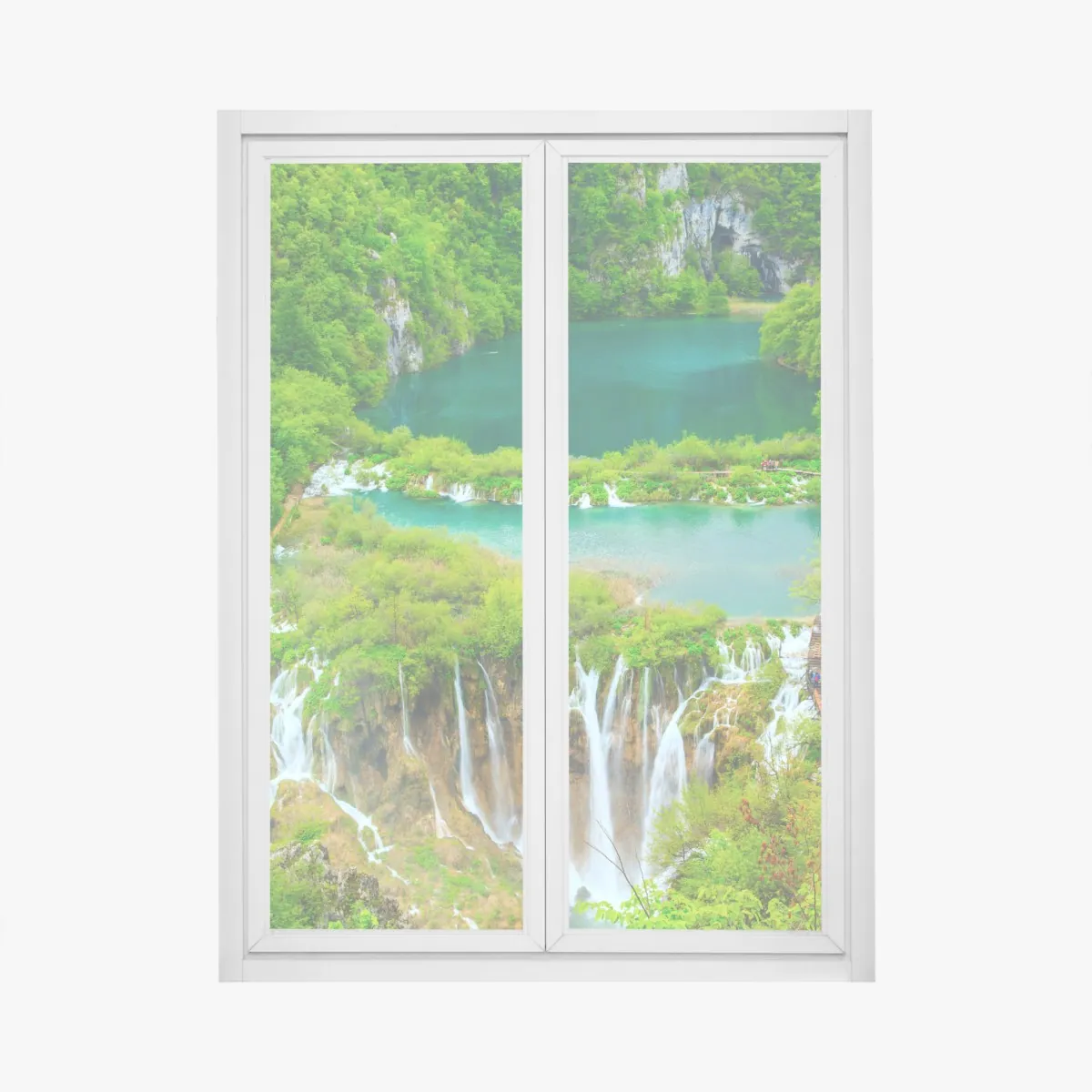 Naklejka na okno bujny wodospad i turkusowe jeziora – Wallissimo® Naklejka na okno bujny wodospad i turkusowe jeziora – Wallissimo®