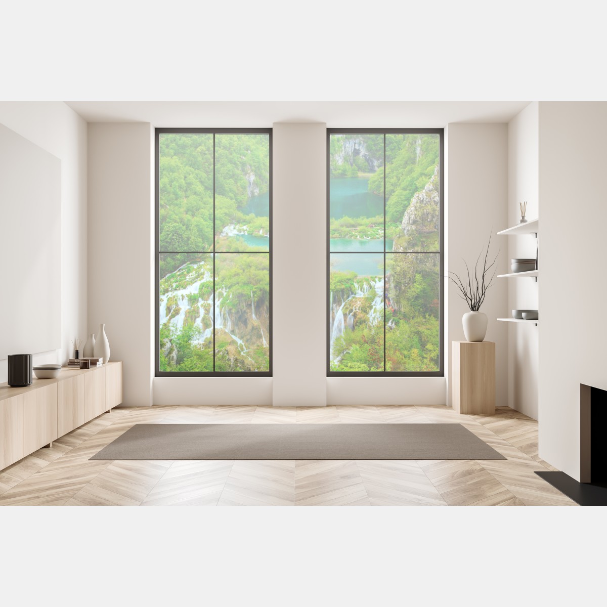 Naklejka na okno bujny wodospad i turkusowe jeziora – Wallissimo® Naklejka na okno bujny wodospad i turkusowe jeziora – Wallissimo®