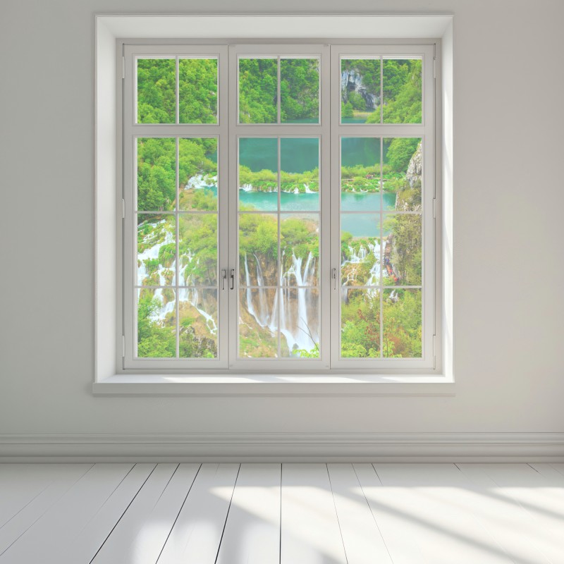 Naklejka na okno bujny wodospad i turkusowe jeziora – Wallissimo® Naklejka na okno bujny wodospad i turkusowe jeziora – Wallissimo®