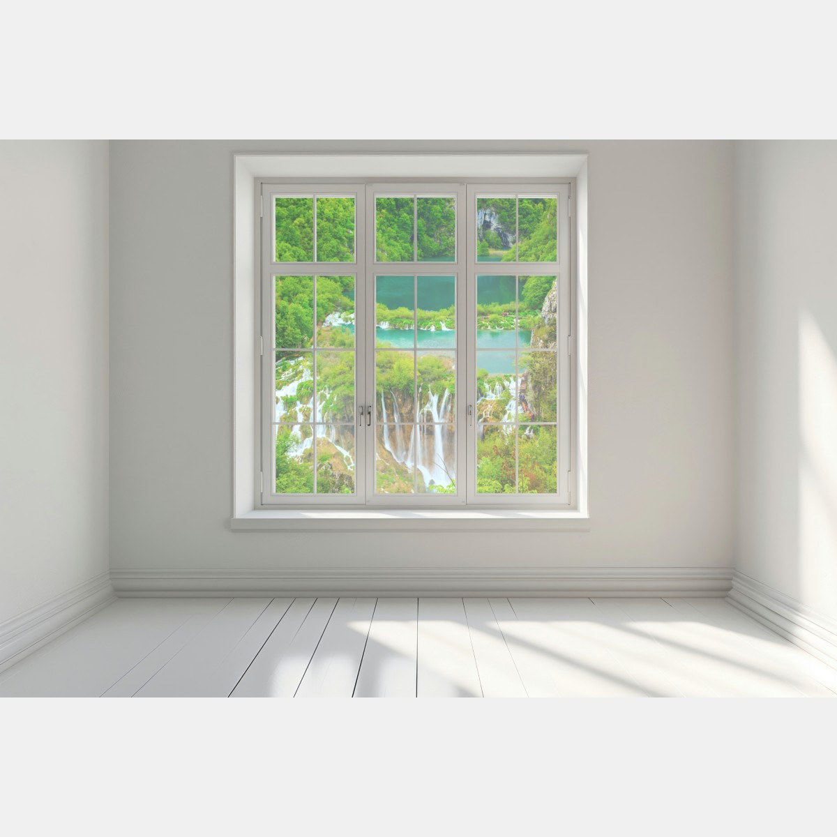 Naklejka na okno bujny wodospad i turkusowe jeziora – Wallissimo® Naklejka na okno bujny wodospad i turkusowe jeziora – Wallissimo®