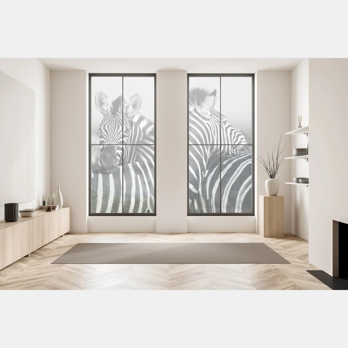 Naklejka na okno zebry splecione w monochromie – Wallissimo® Naklejka na okno zebry splecione w monochromie – Wallissimo®