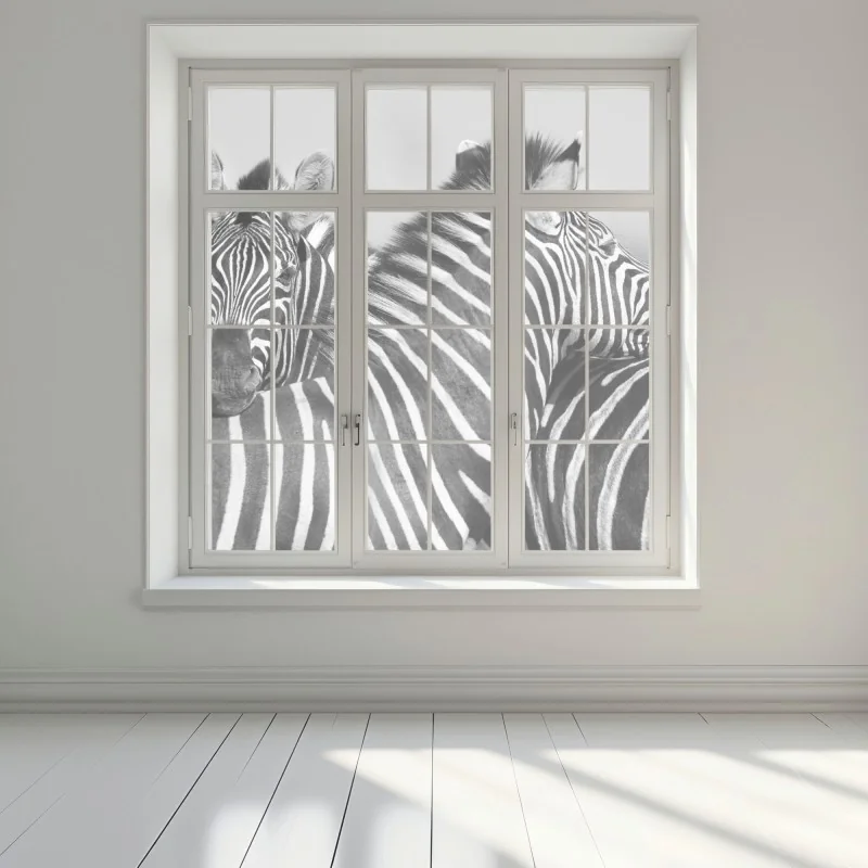 Naklejka na okno zebry splecione w monochromie – Wallissimo® Naklejka na okno zebry splecione w monochromie – Wallissimo®