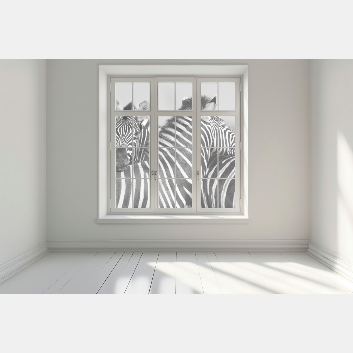 Naklejka na okno zebry splecione w monochromie – Wallissimo® Naklejka na okno zebry splecione w monochromie – Wallissimo®