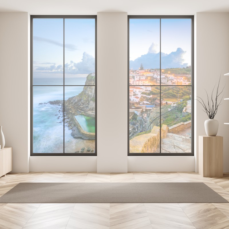 Naklejka na okno tropikalne fioletowe liście na żółtym tle – Wallissimo®