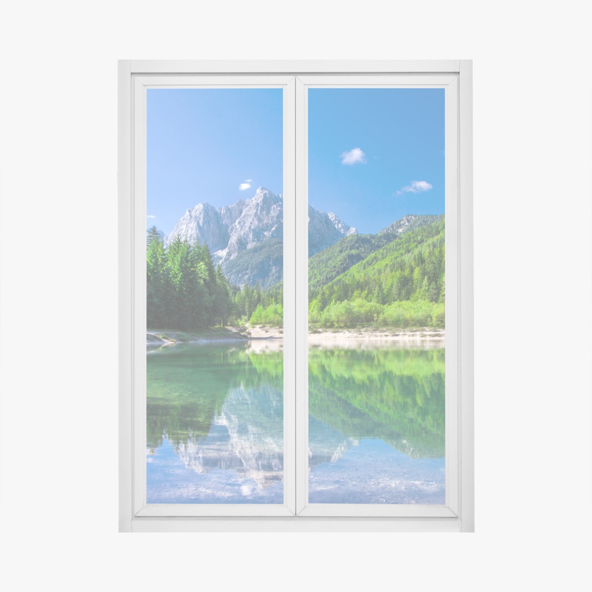 Window decal alpine lake reflection in green mountains