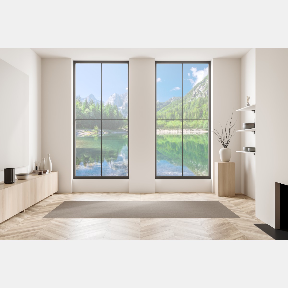 Naklejka na okno alpejskie jezioro z odbiciem w zielonych górach – Wallissimo® Naklejka na okno alpejskie jezioro z odbiciem w zielonych górach – Wallissimo®