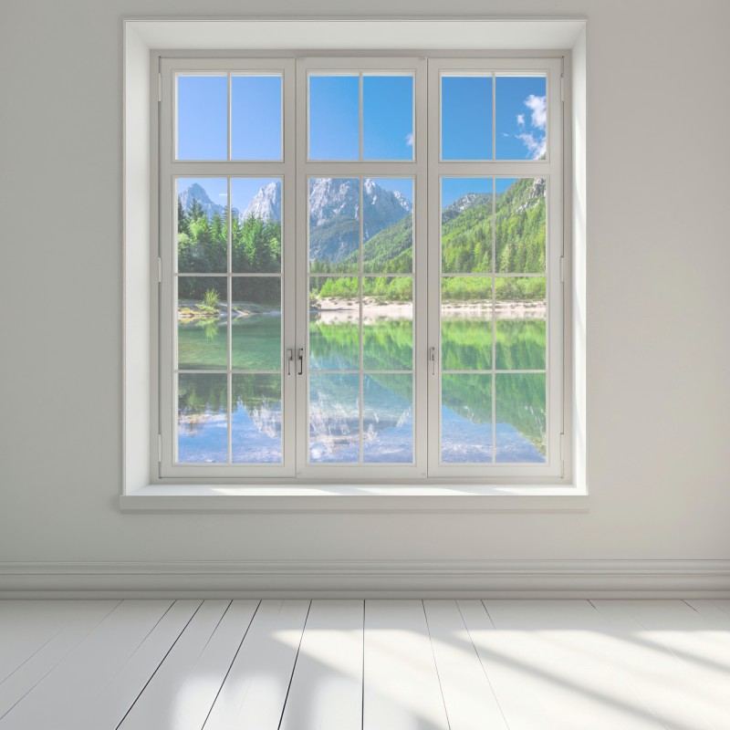 Naklejka na okno alpejskie jezioro z odbiciem w zielonych górach – Wallissimo® Naklejka na okno alpejskie jezioro z odbiciem w zielonych górach – Wallissimo®