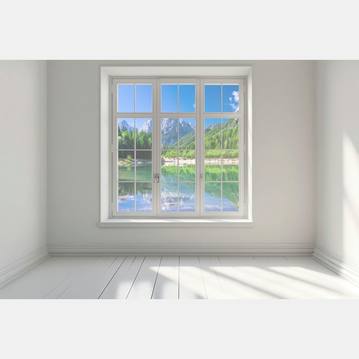 Naklejka na okno alpejskie jezioro z odbiciem w zielonych górach – Wallissimo® Naklejka na okno alpejskie jezioro z odbiciem w zielonych górach – Wallissimo®