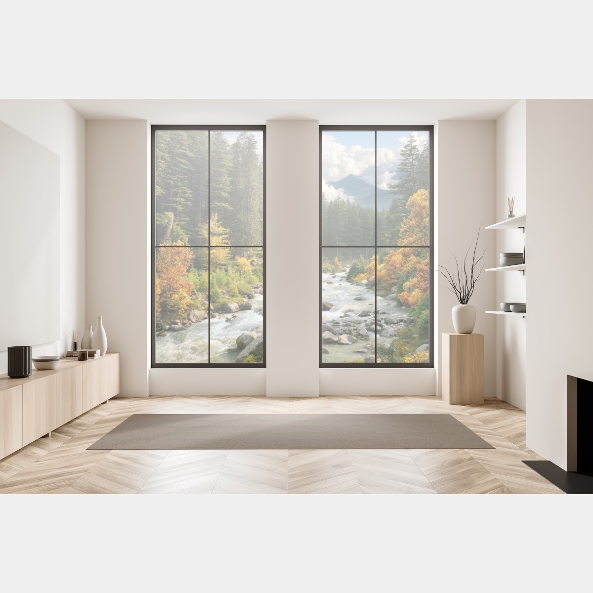 Naklejka na okno jesienny górski krajobraz z rzeką – Wallissimo® Naklejka na okno jesienny górski krajobraz z rzeką – Wallissimo®